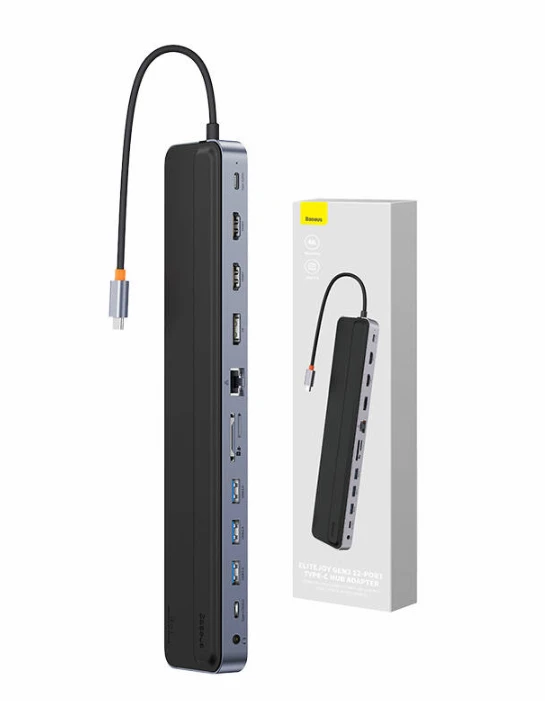 Hub 12w1 Baseus EliteJoy Gen2 serijos USB-C do 2xHDMI+ 3xUSB 3.0+ PD+ DP+ SD/TF+ RJ45+Type-C+ 3.5 mm (tamsiai pilka)