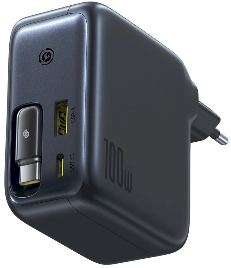 „Baseus EnerCore CJ11 100W“ su USB-A ir USB-C prievadais bei ištraukiamu USB-C laidu - juoda