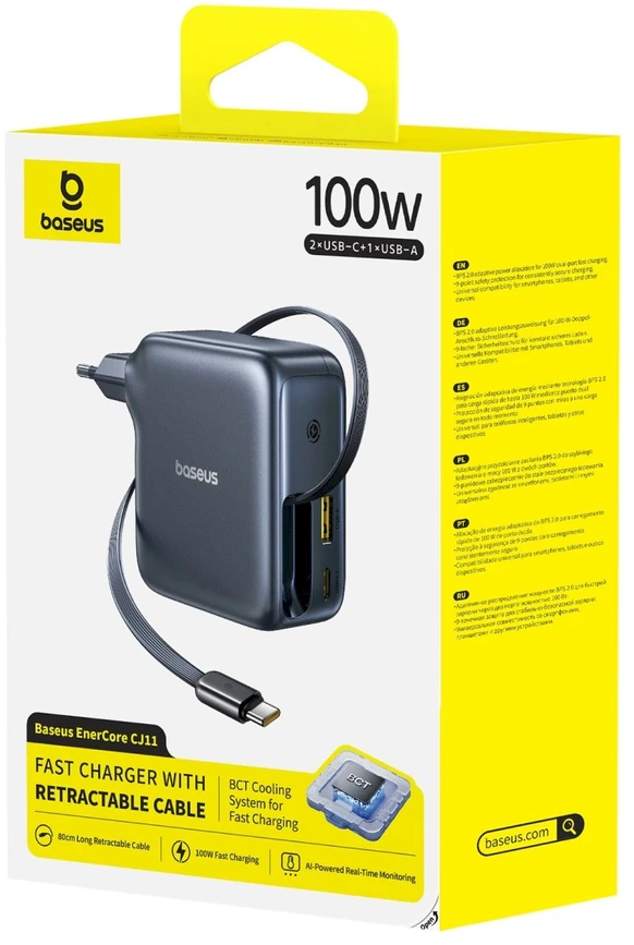„Baseus EnerCore CJ11 100W“ su USB-A ir USB-C prievadais bei ištraukiamu USB-C laidu - juoda