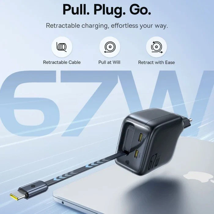 Baseus Sieninis įkroviklis EnerCore CJ11 67W 2xUSB-C su ištraukiamu USB-C kabeliu 0.8m, juodas