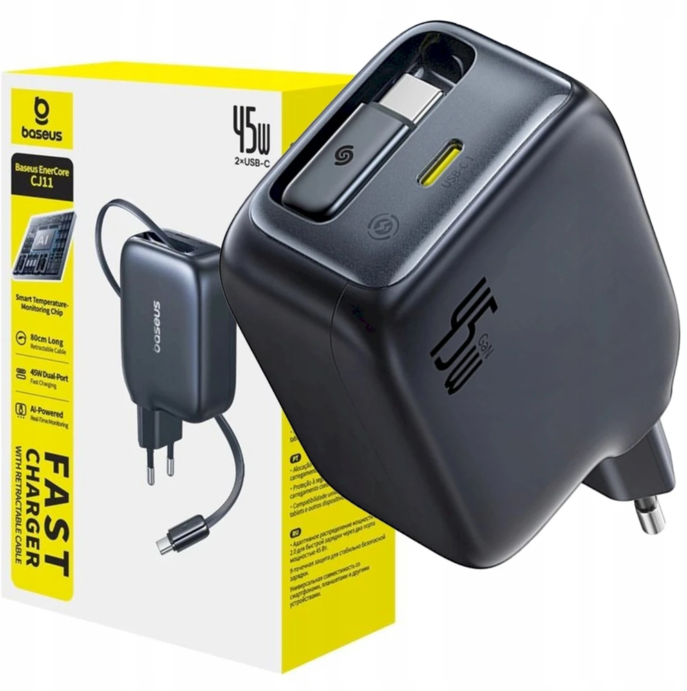 Baseus „EnerCore CJ11 45W su USB-C prievadu ir ištraukiamu USB-C laidu“ – juoda