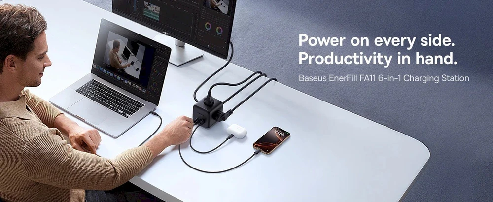 Baseus EnerFill FA11 67W Power Strip, USB-A + USB-C Cube + 3 x EU Socket 1.5m – juodos spalvos