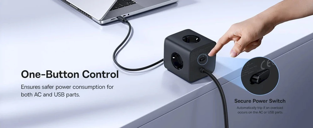 Baseus EnerFill FA11 67W Power Strip, USB-A + USB-C Cube + 3 x EU Socket 1.5m – juodos spalvos