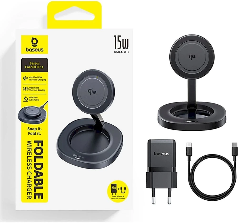 Baseus „EnerFill FF11“ 15 W sulankstomas akumuliatorius su 20 W sieniniu įkrovikliu ir 1 m USB-C laidu - juoda