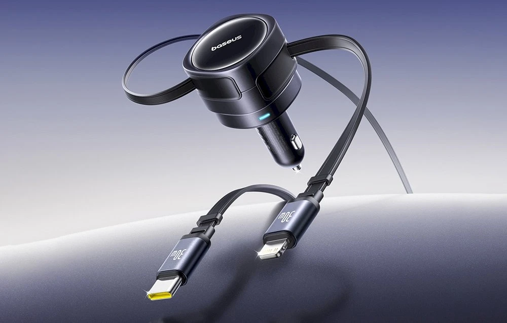 Baseus Enjoyment Max automobilinis įkroviklis with USB-C+Lightning cables 60W juodos spalvos
