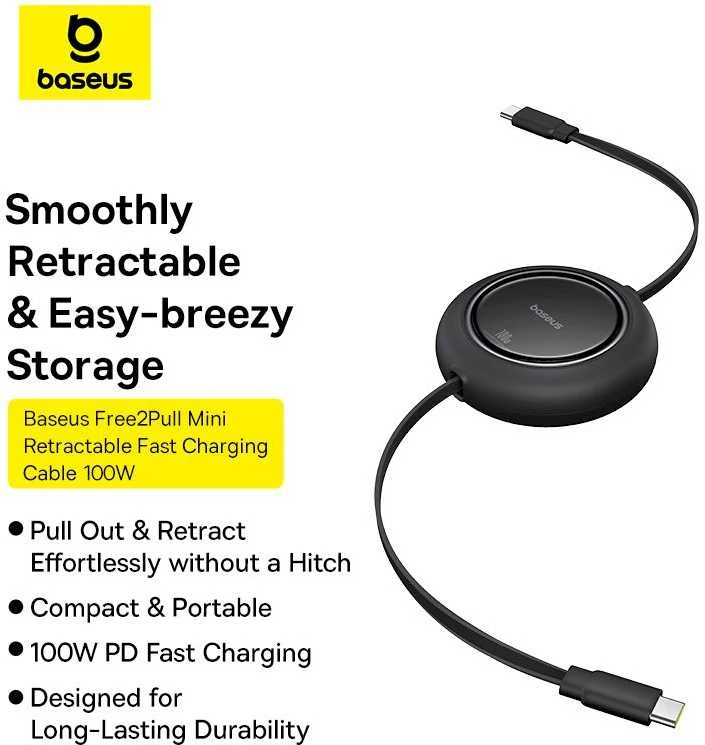 Kabelis USB C - USB C 1.5m 100W suvyniojamas juodas Free2Pull BASEUS