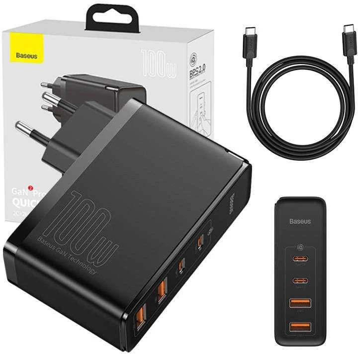 Greitas kelioninis Baseus GaN2 Pro įkroviklis 2x USB + 2x USB-C, 100W, EU (juodas)