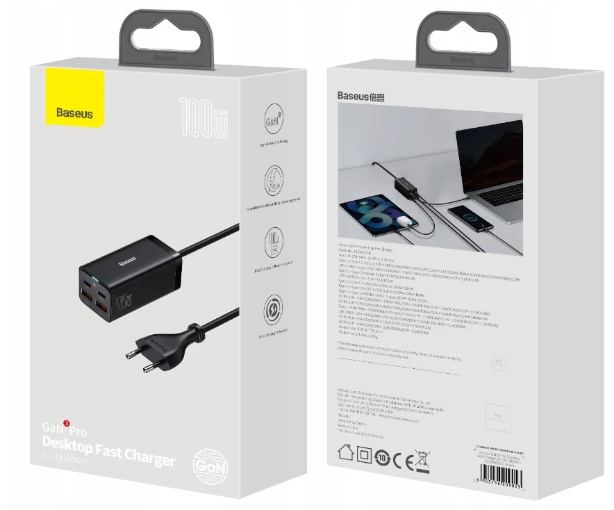Baseus GaN3 Pro greitas universalus įkroviklis GaN 2 x C tipo USB / 2x USB 100W PD3.0, QC4.0+, AFC, juodas (CCGP000101)