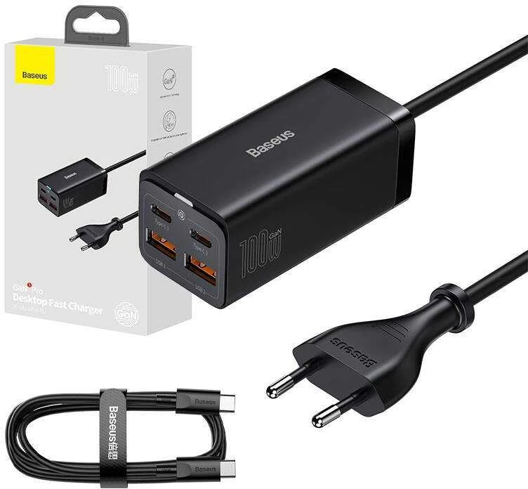 Baseus GaN3 Pro greitas universalus įkroviklis GaN 2 x C tipo USB / 2x USB 100W PD3.0, QC4.0+, AFC, juodas (CCGP000101)