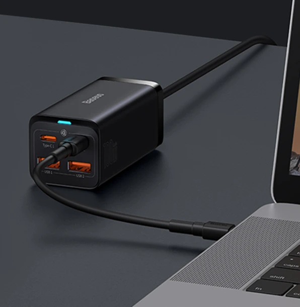 Baseus Sieninis įkroviklis GaN3 Pro 65W 2xUSB + 2xUSB-C QC4+ PD3.0 su USB-C 1.5m laidu, juodas