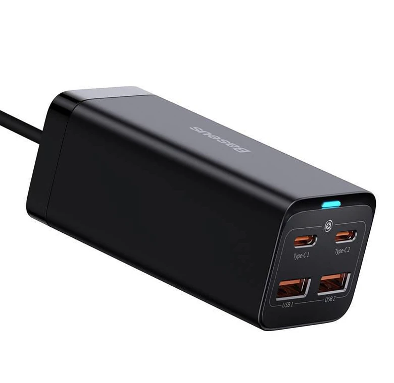 Baseus Sieninis įkroviklis GaN3 Pro 65W 2xUSB + 2xUSB-C QC4+ PD3.0 su USB-C 1.5m laidu, juodas