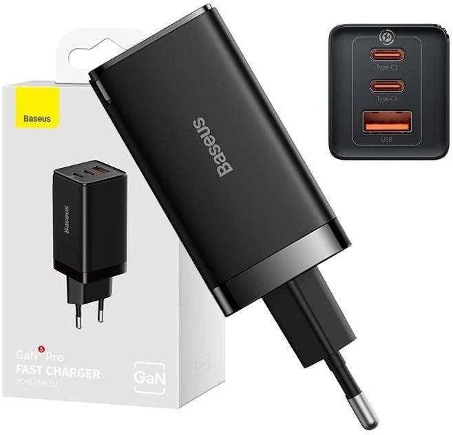 Baseus GaN5 Pro sieninis įkroviklis 2xUSB-C + USB 65W Juodas