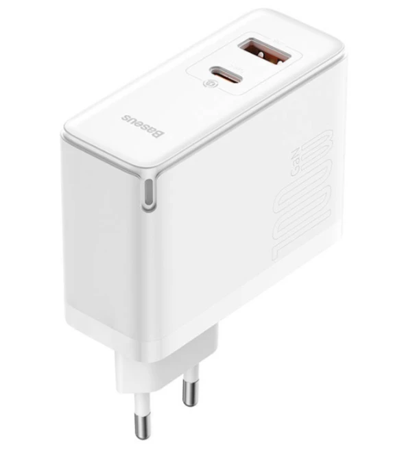 Baseus GaN5 Pro USB-C + USB sieninis įkroviklis, 100W + 1m laidas (baltas)