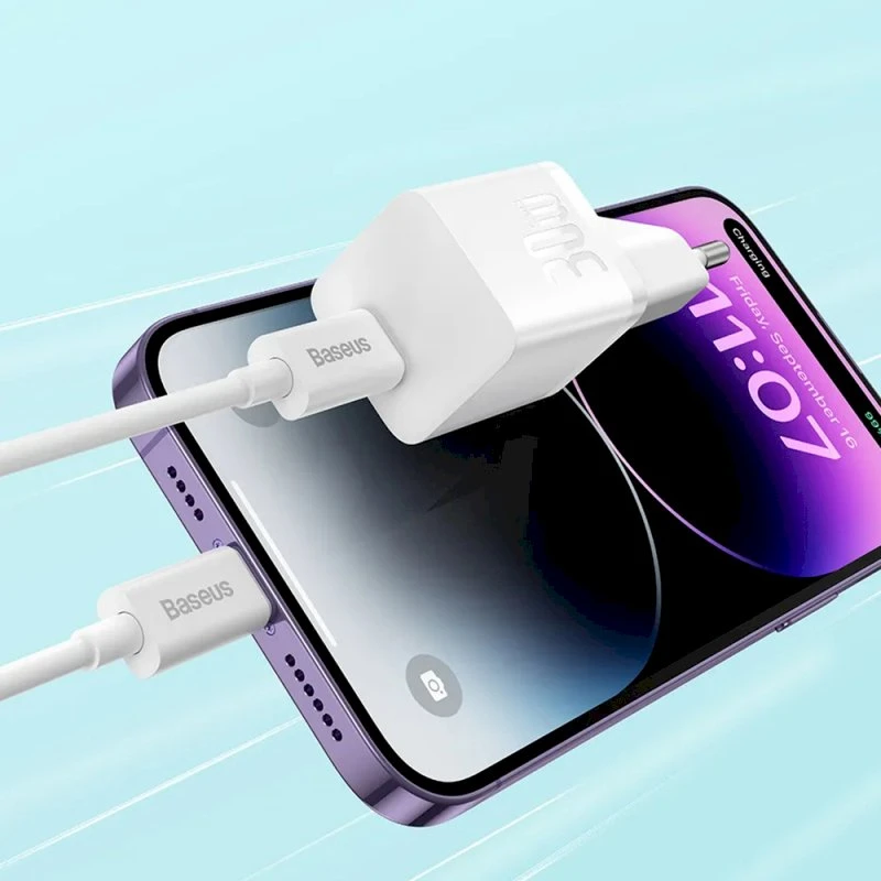 Baseus GaN5 USB-C 30W su kabeliu Baseus Dynamic 3 USB-C 100W 1m - balta