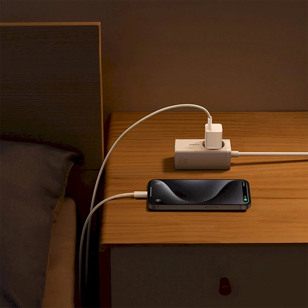 Baseus GaN5 USB-C 30W su kabeliu Baseus Dynamic 3 USB-C 100W 1m - balta