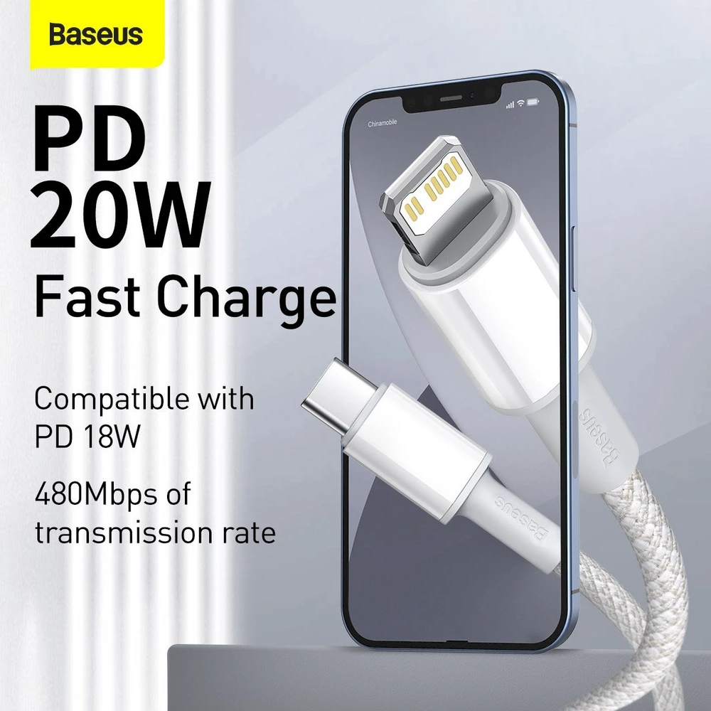 „Baseus“ didelio tankio pintas greito įkrovimo duomenų kabelis, Type-C į „Lightning“ PD 20W, 1m, Baltas (Baltas)
