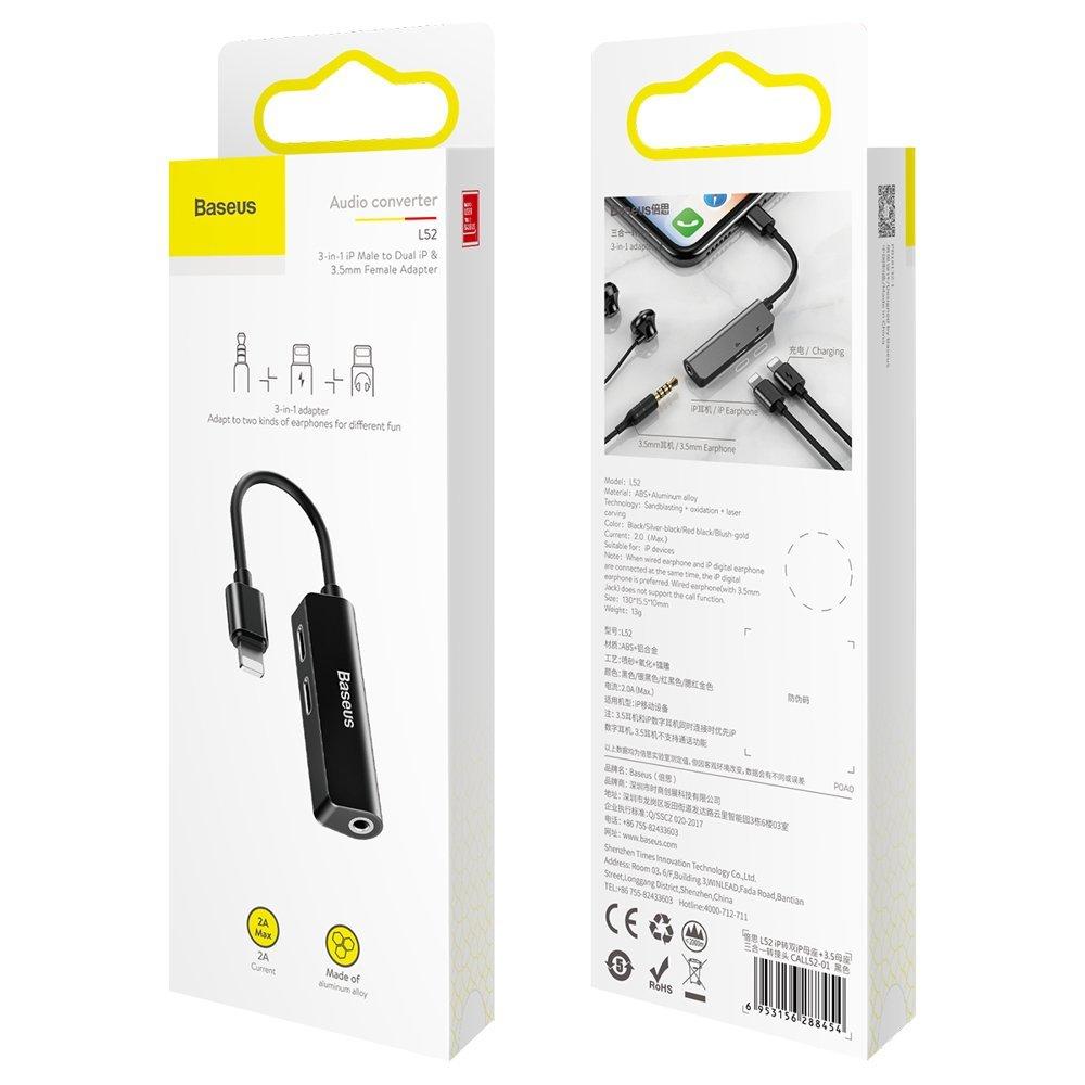 Dėklas Baseusas Baseus L52 garso adapteris iš Lightning į 3.5mm ir 2x Lightning - juodas