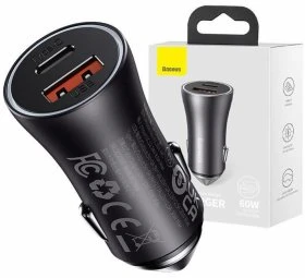 Automobilinis įkroviklis Baseus Golden Contactor Max USB + USB-C 60W - pilkas
