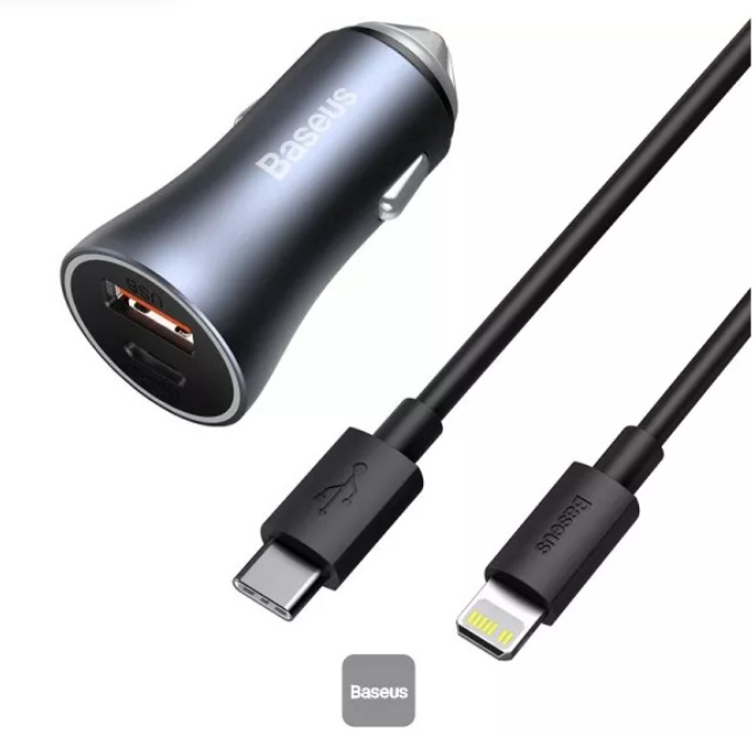 Automobilinis įkroviklis Baseus Golden Contactor Max USB + USB-C 60W - pilkas