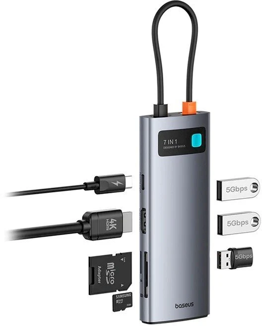 Baseus Metal Gleam Series 7-in-1 USB-C HUB Docking Station Kosminė pilka