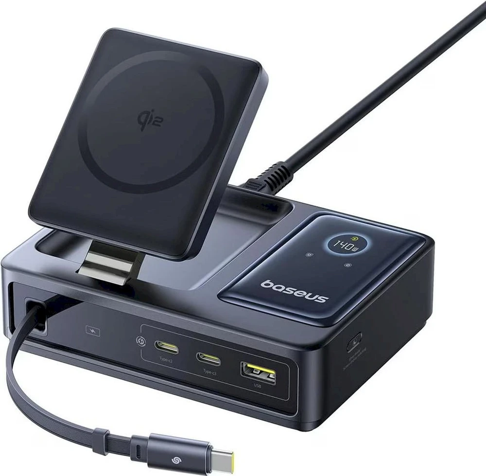 „Baseus NOMOS 140W Qi2 5in1“ belaidis ausinukas su ištraukiamu USB-C laidu ir skaitmeniniu ekranu – juoda