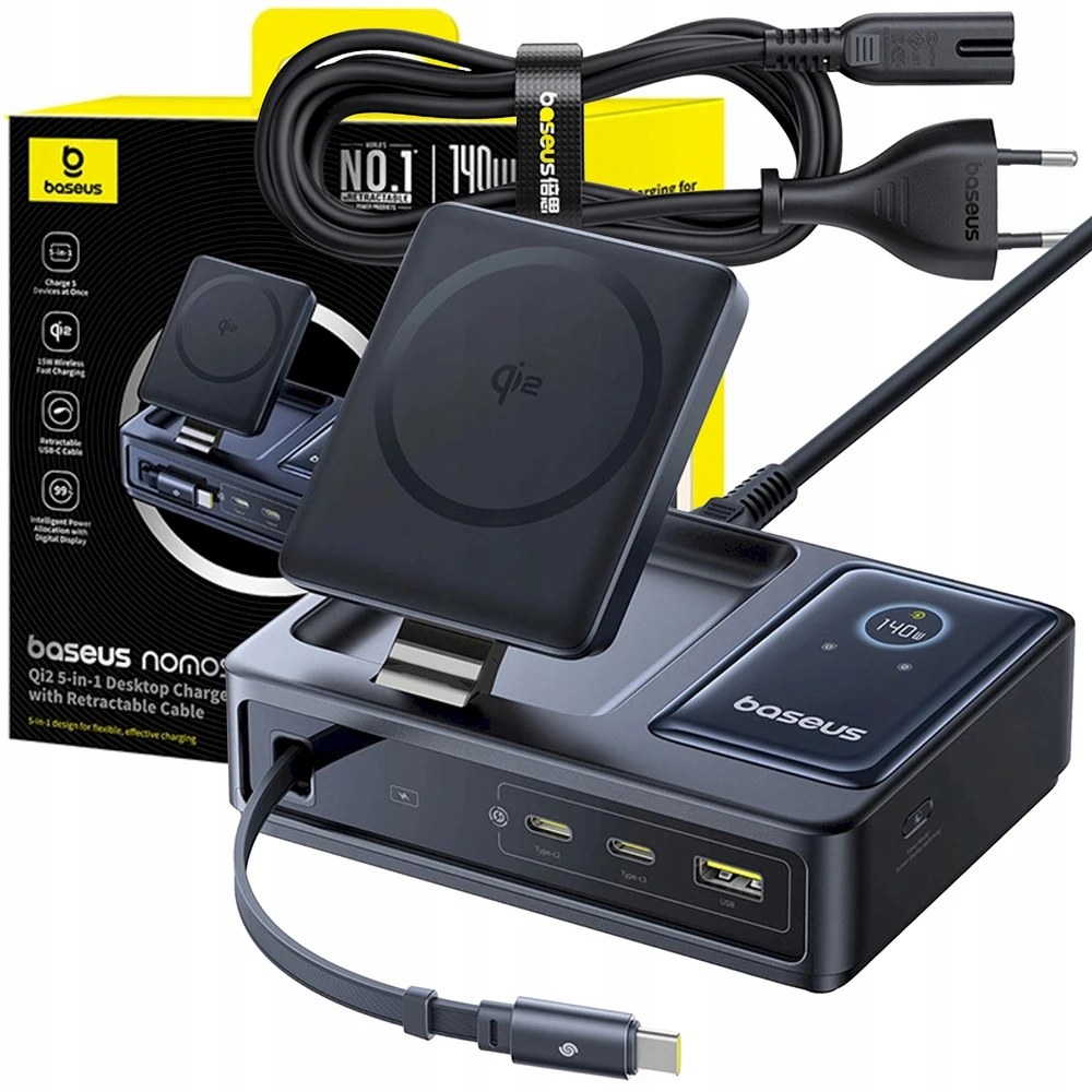 „Baseus NOMOS 140W Qi2 5in1“ belaidis ausinukas su ištraukiamu USB-C laidu ir skaitmeniniu ekranu – juoda