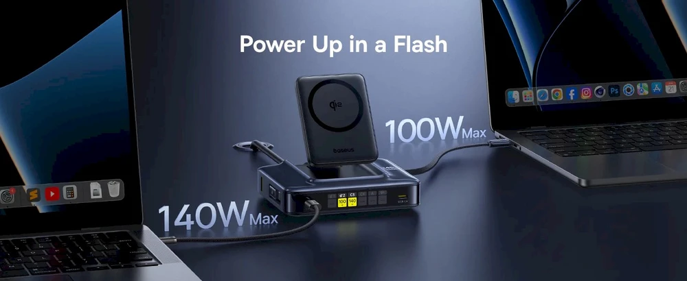 „Baseus Nomos NH21 6in1“ 245 W belaidė įkrovimo stotelė su dviem ištraukiamais USB-C laidais - juoda