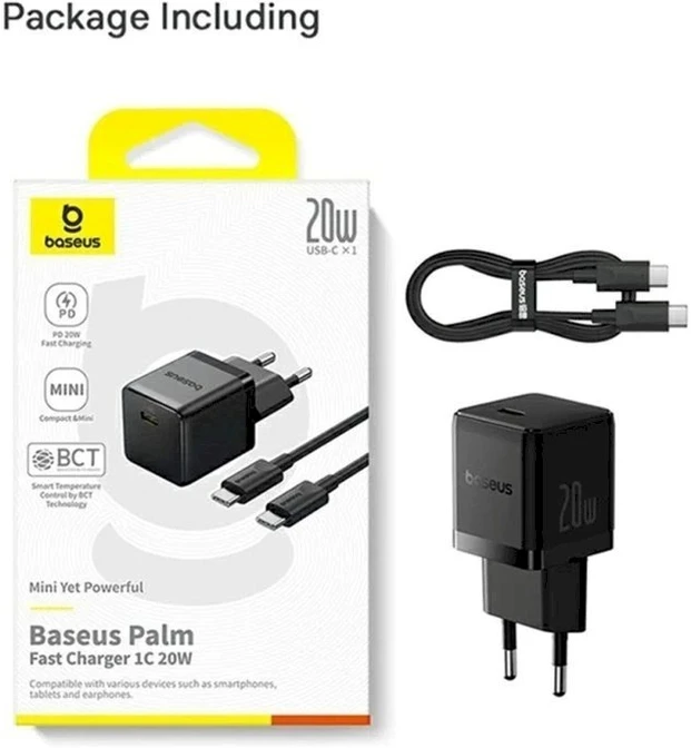 Baseus Sieninis įkroviklis Palm 20W USB-C QC3.0 PD3.0 su USB-C kabeliu 1m, juodas