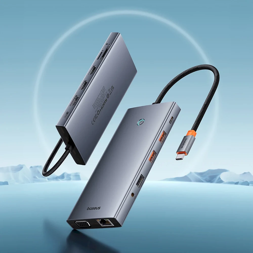 13in1 šakotuvas Baseus PortalJoy USB-C priedas HDMI+DP+VGA+C+USB+PD+RJ45+SD/TF+3.5 mm (pilkas)