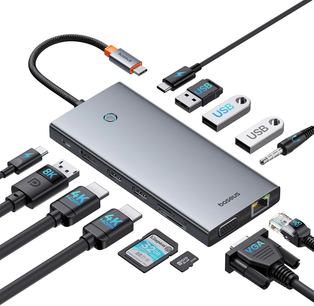 13in1 šakotuvas Baseus PortalJoy USB-C priedas HDMI+DP+VGA+C+USB+PD+RJ45+SD/TF+3.5 mm (pilkas)