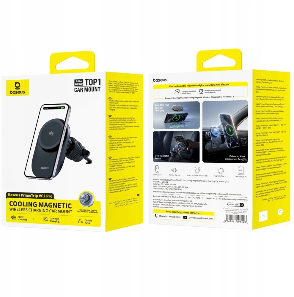 „Baseus PrimeTrip VC2 Pro“ su Qi2.2 įkrovikliu ir oro išleidimo angos ventiliatoriumi - juoda