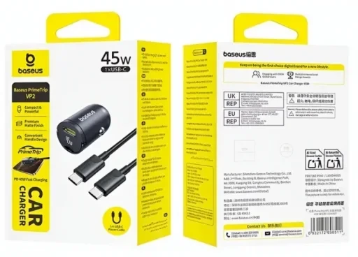 Įkroviklis automobilinis pakrovėjas Baseus PrimeTrip VP2 45W USB-C su kabeliu 60W USB-C į USB-C 1m - juoda