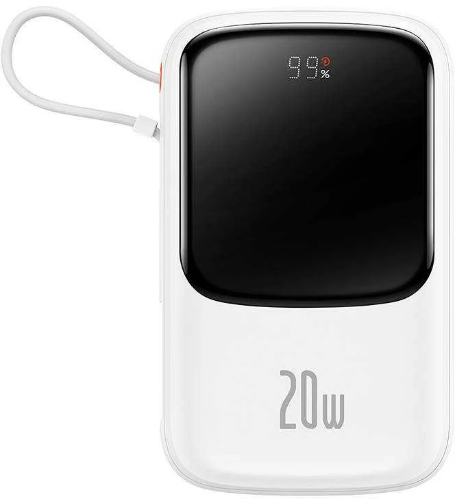 Powerbank Baseus Qpow PRO su laidu, USB-C, 2xUSB, 10000mAh, 20W (balta)