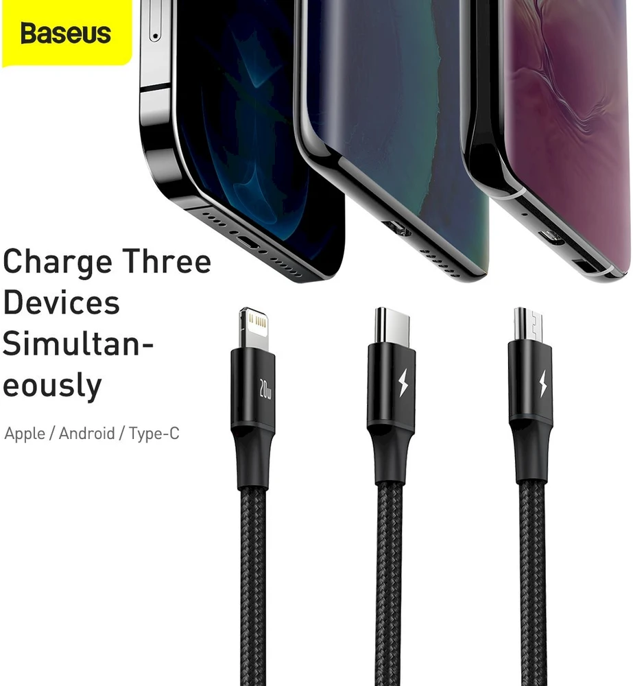 Kabelis USB C - 3 kištukai (USB C (iki 15W), micro USB (iki 10W), lightning (iki 20W)) 1.5m juodas Rapid BASEUS