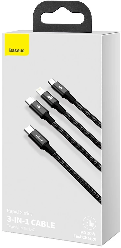 „Baseus Rapid Series 3in1“ greito įkrovimo laidas USB-C - USB-C/Lightning/MicroUSB 20W 1.5m / juodas