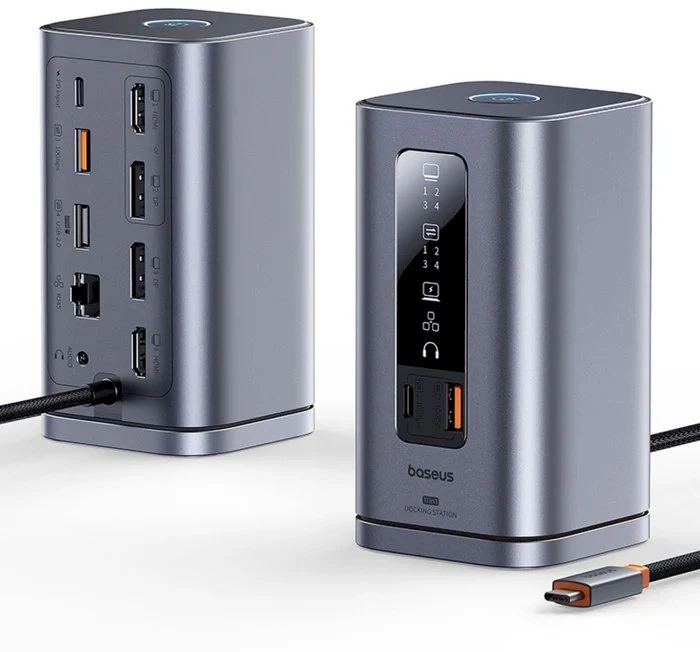 „Baseus Spacemate RD1 11w1 USB-C“ | 2xHDMI 4K@60Hz | 2xDP 4K@60Hz | 2xUSB-A 10Gb/s | USB-C 10Gb/s | RJ45 | USB-A 480Mb/s | USB-C PD | mini lizdas 3,5 mm | kroviklis EU pilka
