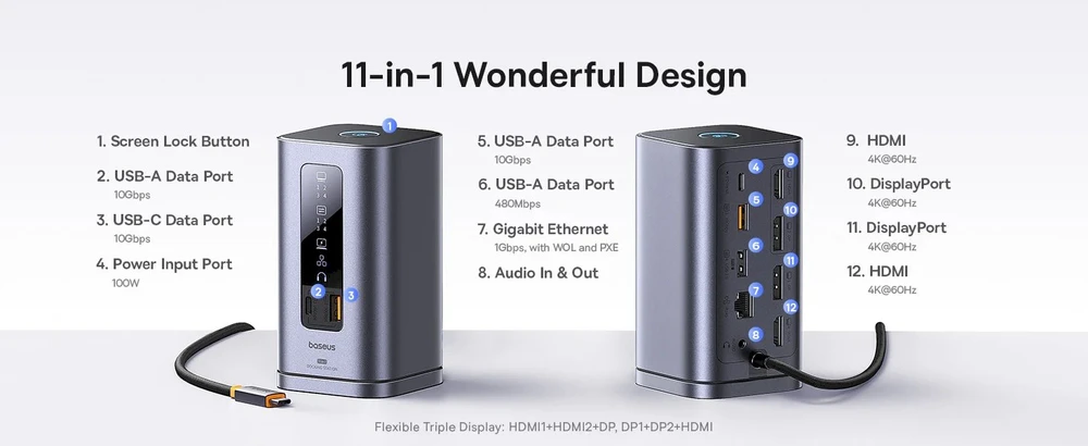 „Baseus Spacemate RD1 11w1 USB-C“ | 2xHDMI 4K@60Hz | 2xDP 4K@60Hz | 2xUSB-A 10Gb/s | USB-C 10Gb/s | RJ45 | USB-A 480Mb/s | USB-C PD | mini lizdas 3,5 mm | kroviklis EU pilka