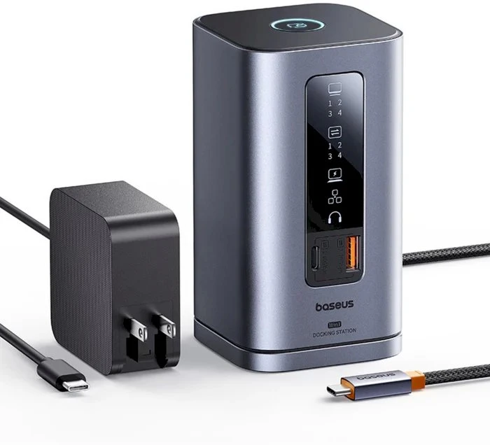 „Baseus Spacemate RD1 11w1 USB-C“ | 2xHDMI 4K@60Hz | 2xDP 4K@60Hz | 2xUSB-A 10Gb/s | USB-C 10Gb/s | RJ45 | USB-A 480Mb/s | USB-C PD | mini lizdas 3,5 mm | kroviklis EU pilka