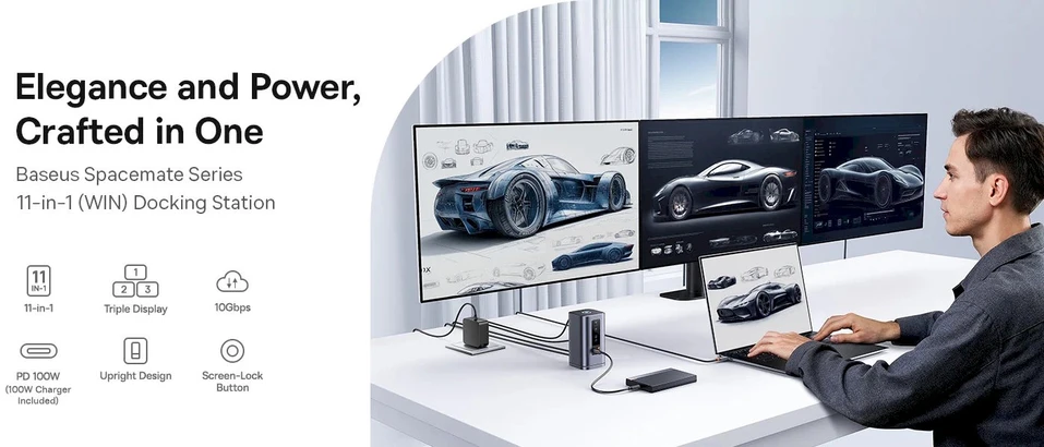 „Baseus Spacemate RD1 11w1 USB-C“ | 2xHDMI 4K@60Hz | 2xDP 4K@60Hz | 2xUSB-A 10Gb/s | USB-C 10Gb/s | RJ45 | USB-A 480Mb/s | USB-C PD | mini lizdas 3,5 mm | kroviklis EU pilka
