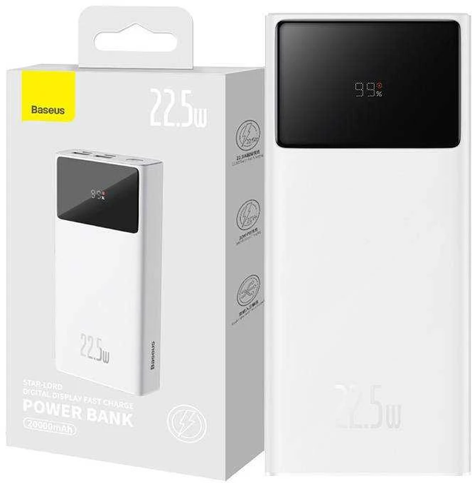 „Baseus Star-Lord Powerbank“, 20 000 mAh, 2 x USB, USB-C, 22,5 W (balta)