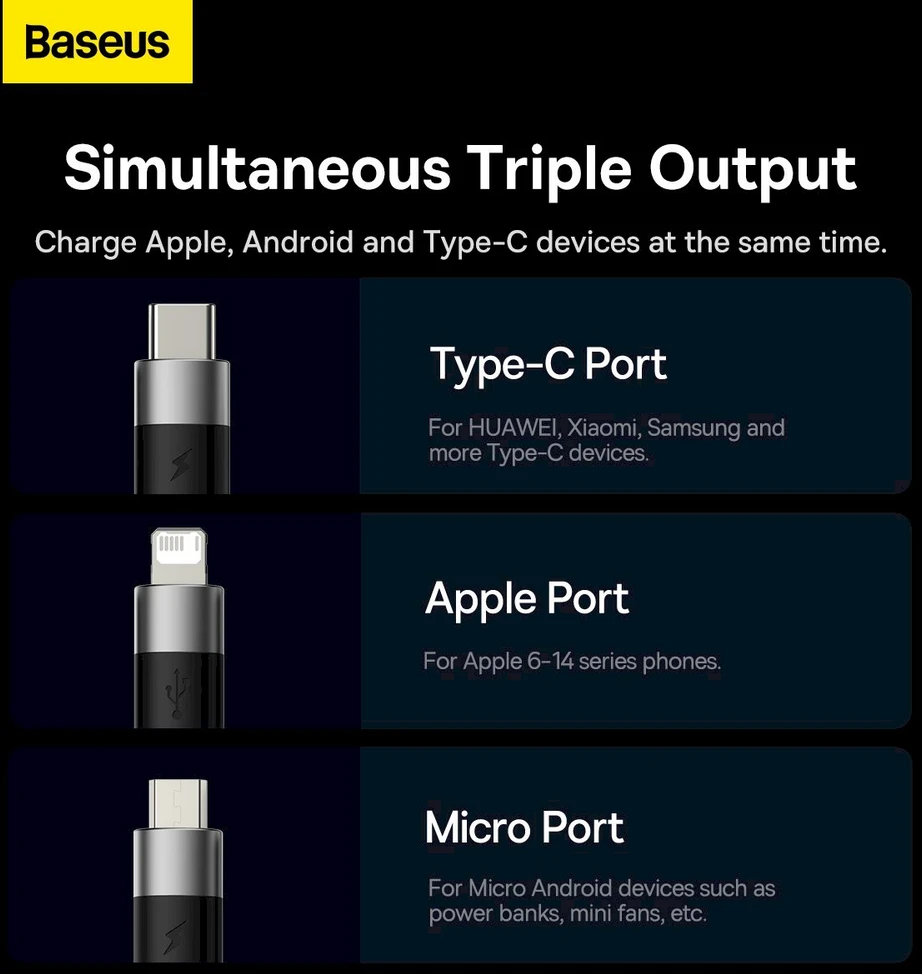 3in1 USB laidas Baseus StarSpeed Series, USB-C + Micro + Lightning 3.5A, 1.2m (juodas)