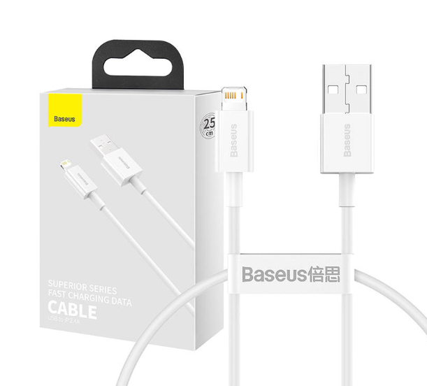 USB kabelis Baseus Superior iš USB į Lightning 2.4A 0.25m baltas CALYS-02