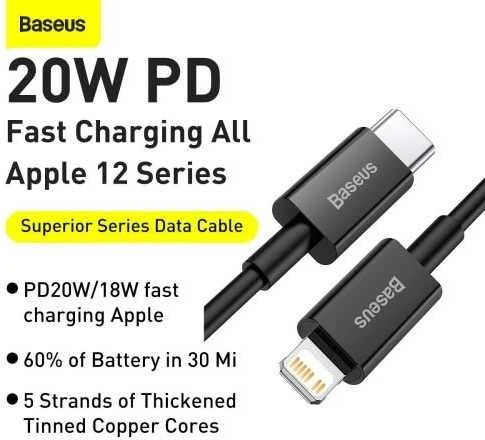 Baseus Superior serijos USB-C - Lightning kabelis 20W PD 1m - Juodas