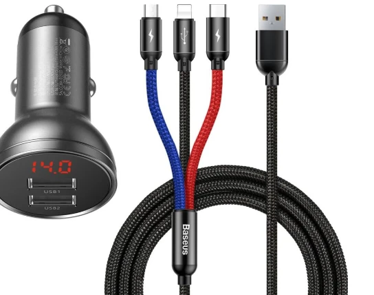 Baseus automobilinis įkroviklis 24W su 3-in-1 USB kabeliu 1.2m