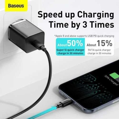 Baseus super Si Greitas įkroviklis 1C 20W su USB-C - Lightning kabeliu 1m - Juodas