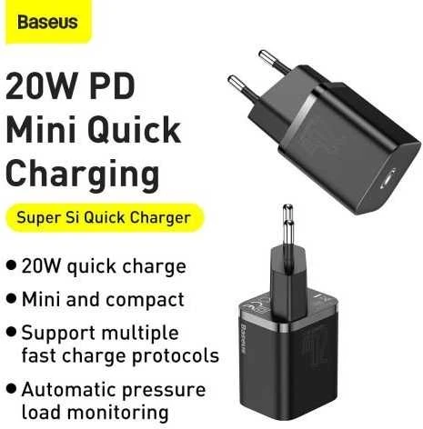 Baseus super Si Greitas įkroviklis 1C 20W su USB-C - Lightning kabeliu 1m - Juodas