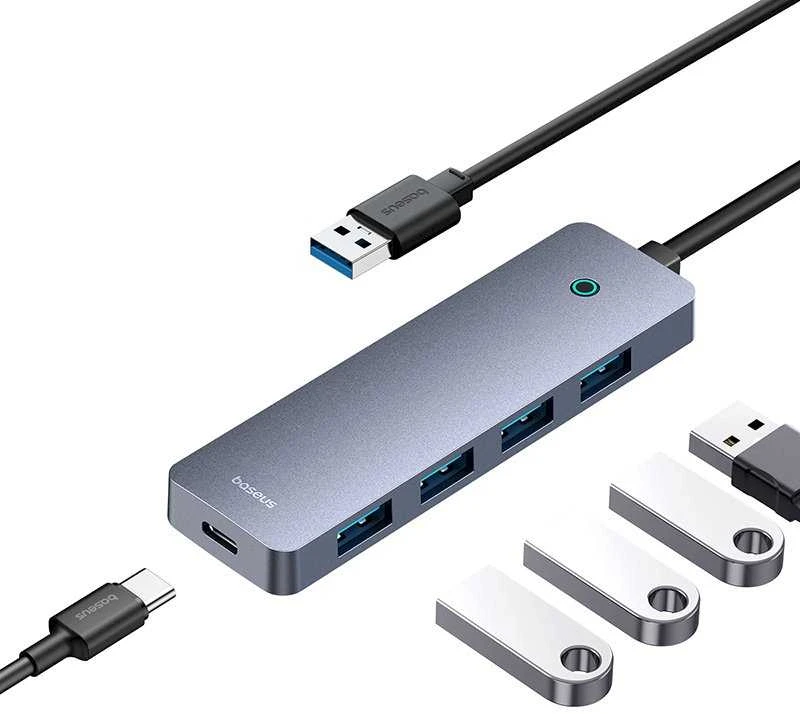4in1 šakotuvas „Baseus UltraJoy Lite“, 15 cm, USB-A į 4x USB 3.0 + USB-C 5V (rutulinis)