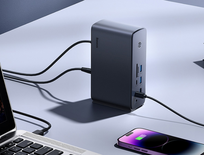 Hub Baseus UnionJoy 17 prievadų (USB-C iki HDMI4K@60Hz*2+DP4K@60Hz*1+USB3.0*3+USB-C3.0*2+USB2.0*2+PD*1+PC*1 + RJ45*1+SD/TF*1+3,5mm*1+DC*1）