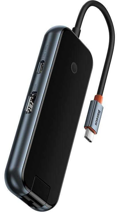 Hub 6in1 Baseus AcmeJoy serijos USB-C iki 2xUSB 3.0 + USB 2.0 + USB-C PD + HDMI + RJ45 (tamsiai pilka)