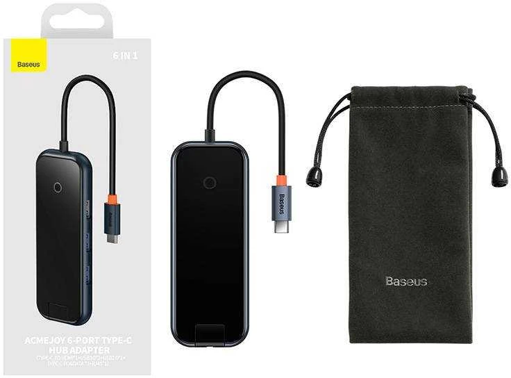 Hub 6in1 Baseus AcmeJoy serijos USB-C iki 2xUSB 3.0 + USB 2.0 + USB-C PD + HDMI + RJ45 (tamsiai pilka)